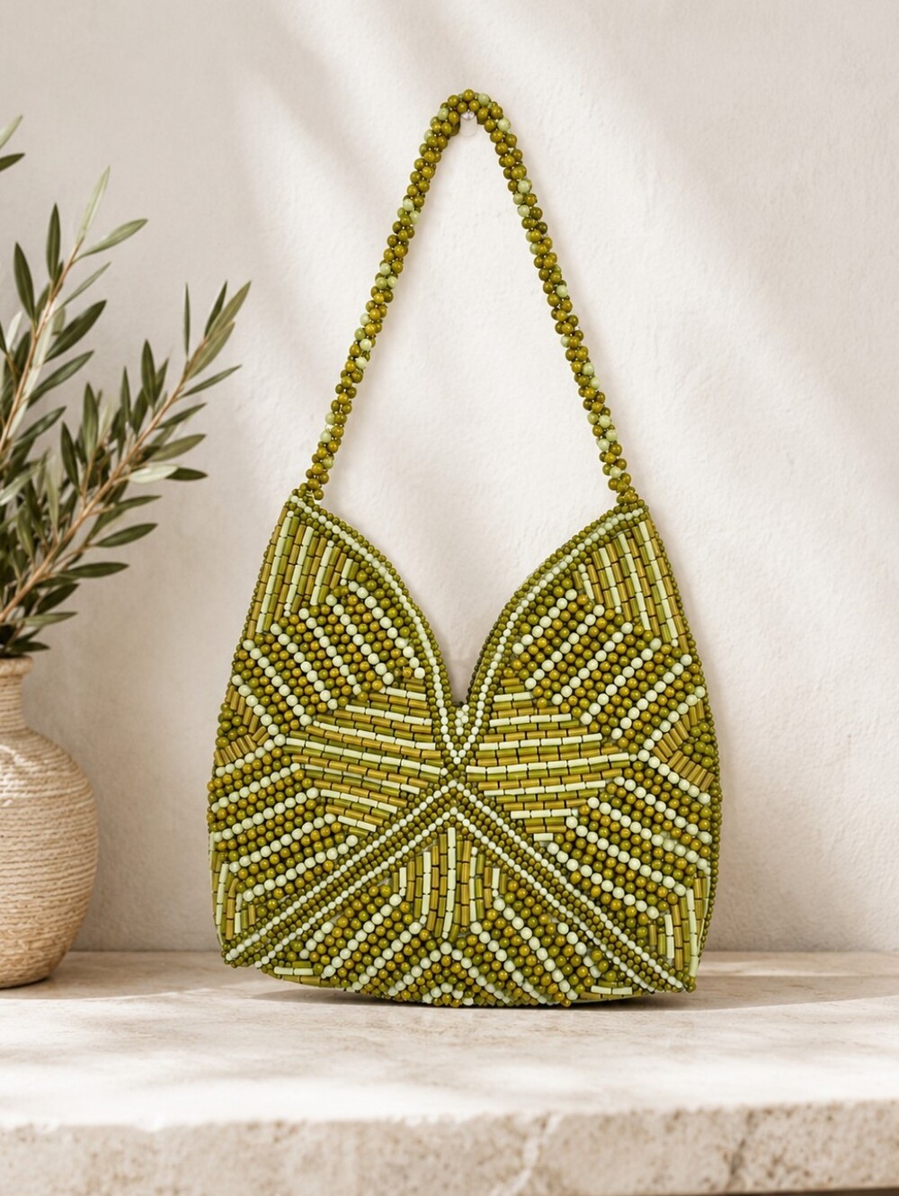 Lulla Collection Handcrafted Beaded Olive Green Bag